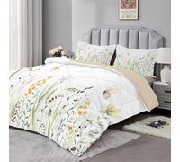 dyausi King Size Duvet - Coverless Duvet 3pcs with Watercolor Flowers and Butterflies Pattern - Reversible and Washable Summer Botanical Floral Quilt 220x230cm with 2 Pillowcases 50x75cm - Beige