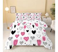 dyausi Love Heart Duvet, Coverless Duvet Single Duvet 7.5 Tog, Reversible Cartoon Graffiti Comeforter Set for All Season, Lightweight Machine Washable Single Quilt 135x200, Pink Black