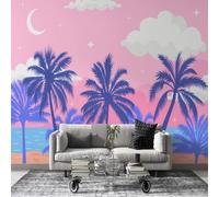 dyausi Wall Mural Beach Print - 300 x 210 cm Wallpaper, Self-Adhesive Photo Wallpaper Peel and Stick, Large Murals Poster Decoration for Living Room Bedroom Ocean with Palm Trees Blue/Pink L7