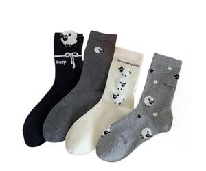 Dybag 4 Pairs of Cute Sheep Socks, Trendy Mid-Cute Socks, Fashion Cartoon Socks, Thin Breathable Socks, Black, One size