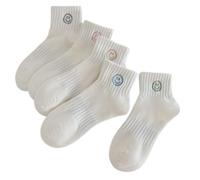 Dybag 5 Pairs of Women's White Short Cotton Socks, Cute Smile Face Ankle Socks, Thin Breathable Sports Socks, White, One size