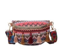 Dybag Fanny Pack Crossbody Boho Waist Pack Retro Ethnic Style Hip Bag Lightweight Colorful Canvas Chest Pocket with Fringe Embellished, Pink