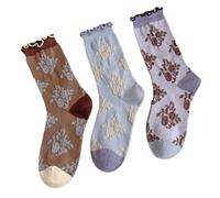 Dybag Women's 3-Pair Floral Ruffle Socks, Vintage Style Cotton Blend Crew Socks for Women