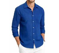 Dybycit Men's Cotton Linen Shirts Long Sleeve Regular Fit Lightweight Solid Color Summer Beach Shirt Dark Blue
