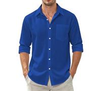 Dybycit Men's Cotton Linen Shirts Long Sleeve Regular Fit Lightweight Solid Color Summer Beach Shirt Dark Blue