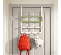Dycoony Over Door Hooks for Kids Backpacks - 21.5" Extra Long Door Hanger Low Reach, 14 Wooden Ball Coat Rack for Nursery Bedroom Bathroom, White & Green Purse Bag Towel Holder Organizer