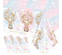 Dydamud Bear Baby Shower Tablecloths Decorations,Teddy Bear Gender Reveal Decorations 3Pcs Pink Blue What Will Baby Be Bear Themed Baby Shower Tablecloths for He or She Gender Reveal Party Favors