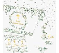 Dydamud First Communion Decorations, 3pcs Green First Communion Tablecloths Plastic Baptism Tablecloths First Communion Party Supplies for Girls Boys Baptism Decorations, Primera Comunion Decoracion