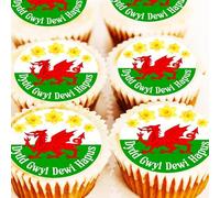 Dydd Gwyl Dewi Hapus - Cupcake Toppers - Pre Cut - St David's Day Cake Decorations - 4cm x 24 - Icing - Wafer - Welsh - Wales - Happy St Davids Day (wafer)