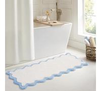 DyeFury Luxury Cute Bathroom Runner Rugs, White Bath Mat W/Blue Scalloped Edge, Microfiber Aesthetic Trendy Funky Fun Preppy Rug, Extra Soft Bathroom Mat Non-Slip for Tub, Shower, 47'' x 20''
