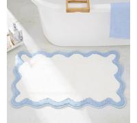 DyeFury Luxury Small Cute Bathroom Rugs, White Bath Mat W/Blue Scalloped Edge, Microfiber Aesthetic Trendy Funky Fun Preppy Rug, Extra Soft Bathroom Mat Non-Slip for Tub, Shower, Bath Room 16'' x 26''