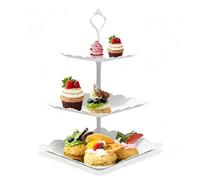 DYHNQE 3 Tier Afternoon Tea Stand, Plastic Tiered Cake Stand Square 3 Tier Cake Stand White Cupcake Stand for Weddings Birthdays Party Afternoon Tea Party