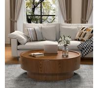 DYHQQ Walnut Round Coffee Table with Hidden Storage | Natural Wood Grain Veneer, Wood Drum Coffee Table, Sturdy Base, Easy Assembly, for Living Room Apartment Small Space