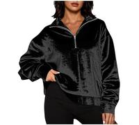 Dyhxuan 1/4 Zip Pullover Women's Gold Velvet Sweatshirt Without Hood Elegant Long Sleeve Shirt Loose Jumper Plain Sweatshirts Comfortable Tops, black, M