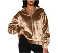 Dyhxuan 1/4 Zip Pullover Women's Gold Velvet Sweatshirt Without Hood Elegant Long Sleeve Shirt Loose Jumper Plain Sweatshirts Comfortable Tops, brown, XL