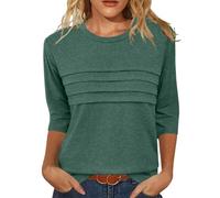 Dyhxuan 3/4 Sleeve Shirt Women's Elegant Pleated Long Shirt Basic Three-Quarter Sleeve T-Shirt Cotton Crew Neck Pullover Tops Soft Comfortable T Shirt Tops Loose Casual Blouse Shirt Women's Blouses,