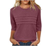 Dyhxuan 3/4 Sleeve Shirt Women's Elegant Pleated Long Shirt Basic Three-Quarter Sleeve T-Shirt Cotton Crew Neck Pullover Tops Soft Comfortable T Shirt Tops Loose Casual Blouse Shirt Women's Blouses,