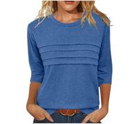 Dyhxuan 3/4 Sleeve Shirt Women's Elegant Pleated Long Shirt Basic Three-Quarter Sleeve T-Shirt Cotton Crew Neck Pullover Tops Soft Comfortable T Shirt Tops Loose Casual Blouse Shirt Women's Blouses,