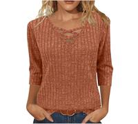 Dyhxuan 3/4 Sleeve Shirt Women's Ribbed Knitted Jumper Elegant V-Neck Tops Plain Tunic Tops Basic Pullover Autumn Winter Knitted Tops S-2XL, orange, M