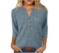 Dyhxuan 3/4 Sleeve Shirt Women's Ribbed Knitted Tops Buttons V-Neck Pullover Loose Ribbed T-Shirt Casual Three-Quarter Sleeve Tops Lightweight Ribbed Shirt Trendy Women's Blouses for Autumn S-2XL