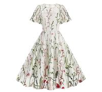 Dyhxuan 50s Rockabilly Petticoat Dress Women's Hepburn Tulle Evening Dress Embroidery Flowers Print Ball Dress Short Sleeve Round Neck Party Dress High Waist A-line Bridesmaids Dresses Swing Dress