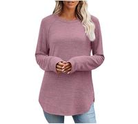 Dyhxuan Basic Long Sleeve Shirt Women's Elegant Tunic Plain Crew Neck Tops Microfleece Long Shirt Autumn Winter Pullover Casual Long Sleeve Shirt Tops, pink, L