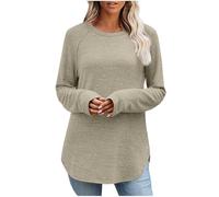 Dyhxuan Basic Long Sleeve Shirt Women's Elegant Tunic Plain Crew Neck Tops Microfleece Long Shirt Autumn Winter Pullover Casual Long Sleeve Shirt Tops, beige, L
