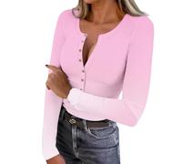 Dyhxuan Basic Long Sleeve Women's Button Down Ribbed Tops Stretch Slim Fit T-Shirt Colour Gradient Long Sleeve Ribbed Shirt Tight Long Sleeve Tee Tops, pink, L