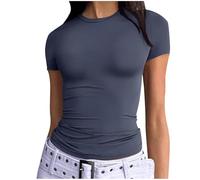 Dyhxuan Basic T-Shirt Women's Slim Fit Short Sleeve T-Shirt Tight Crew Neck Top Plain Crop Tops Stretch T-Shirt Tops Sexy Tee Shirt 2025, navy, M