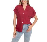 Dyhxuan Blouse Women's Chiffon Elegant V-Neck Shirt Plain Stand-Up Collar Short Sleeve Tops Button Down Summer Shirt Lightweight Breathable Shirt Blouse Tops Versatile Blouse Shirt Casual Shirt, Wine
