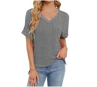 Dyhxuan Blouse Women's Elegant V-Neck T-Shirt Summer Short Sleeve Knitted Shirt Plain T-Shirt with Front Short and Back Long Hem Casual Knitted Long Shirt Loose T Shirt Tops Fashion Blouse Tunic,