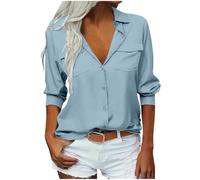 Dyhxuan Blouse Women's Long Sleeve Retro Shirt Blouse Plain Women's Blouses Button Down Tops Casual Turn-Down Collar Blouse Shirt Work Blouses for Autumn, lightblue, S
