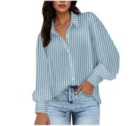 Dyhxuan Blouse Women's Long Sleeve Trendy Striped Shirt Oversize Long Sleeve V-Neck Shirt Blouse Classic Stripes Blouse Shirt Button Down Long Sleeve Shirt Tops Casual Women's Blouses Tops, lightblue