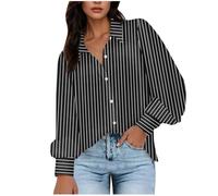 Dyhxuan Blouse Women's Long Sleeve Trendy Striped Shirt Oversize Long Sleeve V-Neck Shirt Blouse Classic Stripes Blouse Shirt Button Down Long Sleeve Shirt Tops Casual Women's Blouses Tops, black, L