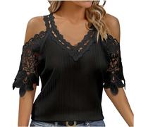 Dyhxuan Blouse Women's Trendy Lace Patchwork Tunic Plain T-Shirt Summer Short Sleeve Tops V-Neck Pullover Lace Sleeve T Shirt Tops Loose Cosy Summer Blouse Streetwear Blouse, black, XXL