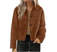 Dyhxuan Faux Leather Jacket Women's Vintage Faux Leather Shirt Jacket Button Down Lapel Jacket Elegant Shirt Blouse Coat Plain Transition Jacket Short Faux Leather Jacket, coffee, L