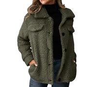 Dyhxuan Fleece Jacket Women's Lapel Teddy Jacket Fluffy Plush Jacket Button Down Teddy Fleece Jacket Comfortable Fleece Coat Warm Winter Jacket Elegant Winter Coat, Army Green, XL