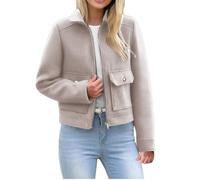 Dyhxuan Fleece Jacket Women's Short Cropped Jacket with Full Zip Plain Long Sleeve Transition Jacket Elegant Lapels Autumn Jacket Casual Short Jacket, beige, M