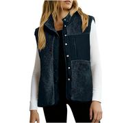 Dyhxuan Fleece Vest Women's Sleeveless Patchwork Fleece Jacket Stand-Up Collar Teddy Vests Button Down Vest Plain Outdoor Vests Warm Plain Transition Jacket, navy, XXL