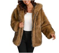 Dyhxuan Fur Coat Women's Elegant Fur Jacket with Hood Warm Winter Jacket Zip Faux Fur Coat Long Sleeve Faux Fur Jacket Fluffy Plush Jacket, brown, XXL