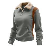 Dyhxuan Half Zip Pullover Women's Faux Fur Collar Sweatshirt Suede Patchwork Long Sleeve Shirt Elegant Stand-Up Collar Tops Autumn Winter Jumper Regular Fit Winter Jumper, gray, S