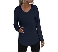 Dyhxuan Hoodie Women's Long Sleeve V-Neck Pullover Jacquard Plain Hoodie Drawstring Hoodie Tops Casual Long Sleeve Hooded Shirt, navy, XL