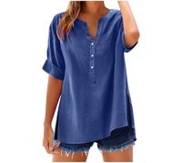 Dyhxuan Linen Blouse Women's Summer Oversized Muslin Blouse Plain V-Neck T-Shirt Lightweight Short Sleeve T-Shirt Casual Pullover Shirt Loose Airy Summer Blouse Tops Elegant Tunic Top for Women, blue