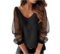 Dyhxuan Long Sleeve Shirt for Women Trendy Tulle Pullover Long Sleeve Blouse with V-Neck Plain Tunic Tops Autumn Winter Shirt All-Match Shirt Blouse Evening Party Club Women's Blouses, black, XL