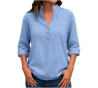 Dyhxuan Long Sleeve Women's Cotton Linen Blouse V-Neck Blouse Shirt Buttons Stand-Up Collar Tops Plain Women's Blouses Casual Long Sleeve Shirt Blouse, blue, XXL
