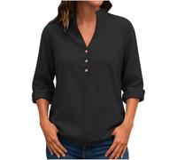 Dyhxuan Long Sleeve Women's Cotton Linen Blouse V-Neck Blouse Shirt Buttons Stand-Up Collar Tops Plain Women's Blouses Casual Long Sleeve Shirt Blouse, black, XXL