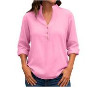 Dyhxuan Long Sleeve Women's Cotton Linen Blouse V-Neck Blouse Shirt Buttons Stand-Up Collar Tops Plain Women's Blouses Casual Long Sleeve Shirt Blouse, pink, M