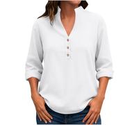Dyhxuan Long Sleeve Women's Cotton Linen Blouse V-Neck Blouse Shirt Buttons Stand-Up Collar Tops Plain Women's Blouses Casual Long Sleeve Shirt Blouse, White, 3XL