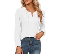 Dyhxuan Long Sleeve Women's Elegant V-Neck Tunic Pleated Tops Plain Long Sleeve Top Casual Blouse Loose Blouse Shirt for Women S-2XL, White, M
