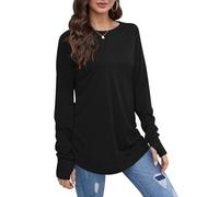 Dyhxuan Long Sleeve Women's Long Cotton Pullover with Thumb Hole Simple Plain Long Tops Long Sleeve Blouse Tops Casual Crew Neck Long Shirt All-Match Long Blouse for Women Transition, black, L